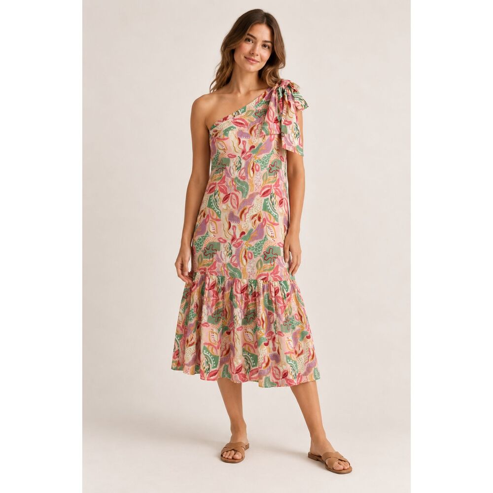 Hyacinth House Floral One Shoulder Bow Tiered Midi Dress M
